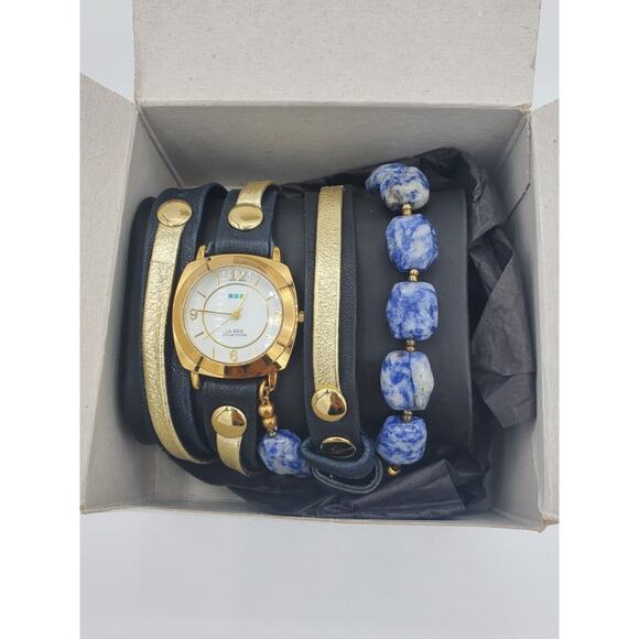 LA MER COLLECTIONS Navy Leather Blue Stone Wrap Bracelet Watch EUC in Box - Picture 1 of 6